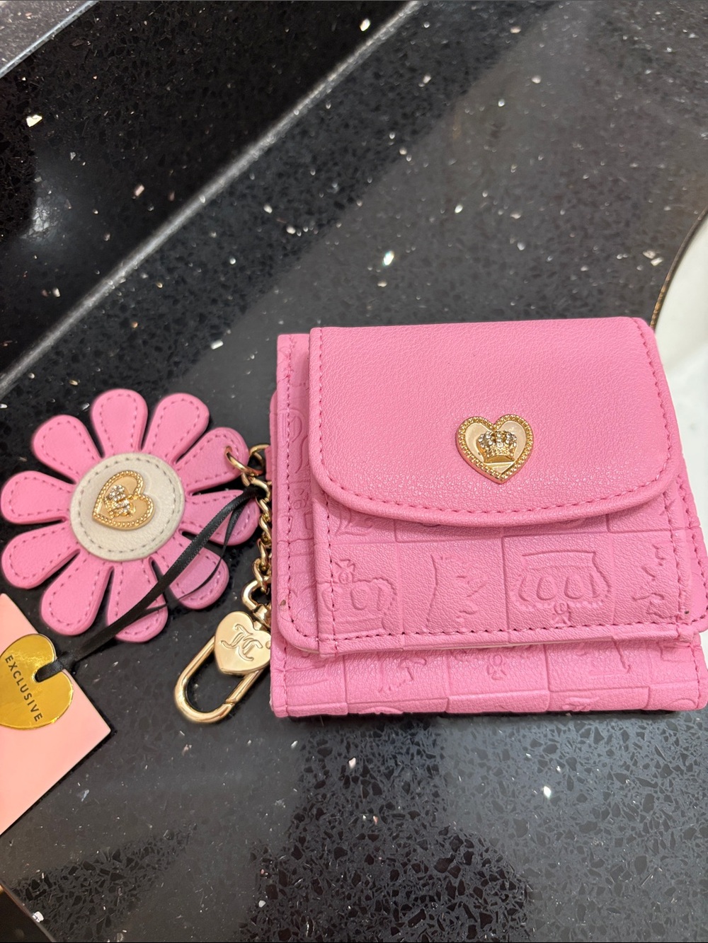NWT Juicy Couture Pink Embossed Trifold Wallet with Floral Charm